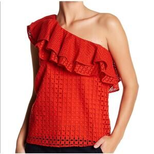 J. Crew Women's Eyelet One Shoulder Ruffle Blouse Top Boho Bohemian Red Size‎ 6